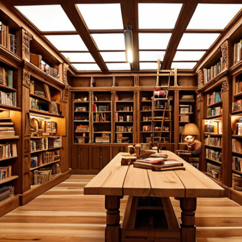 **

A cozy woodworking library interior in Thailand. Bookshelves filled with books about design and DIY, mixed with woodworking tools hanging on the walls. People are reading, and others are working on small wood projects at tables. Warm lighting, showcasing the beauty of the wood grain. The scene should evoke a relaxing and creative atmosphere.

**