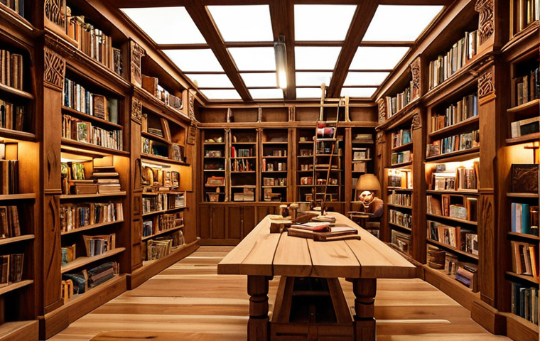 **

A cozy woodworking library interior in Thailand. Bookshelves filled with books about design and DIY, mixed with woodworking tools hanging on the walls. People are reading, and others are working on small wood projects at tables. Warm lighting, showcasing the beauty of the wood grain. The scene should evoke a relaxing and creative atmosphere.

**