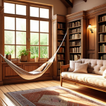 **

A cozy library interior bathed in warm light, featuring natural wood furniture and shelves filled with books. A comfortable sofa and hanging hammock invite relaxation. Soft lighting and a view of a lush garden create a peaceful atmosphere.

**