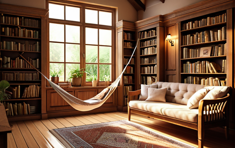 **

A cozy library interior bathed in warm light, featuring natural wood furniture and shelves filled with books. A comfortable sofa and hanging hammock invite relaxation. Soft lighting and a view of a lush garden create a peaceful atmosphere.

**