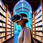 A young Thai person wearing a sleek, futuristic VR/AR headset, fully immersed in a holographic digital library. Around them, glowing abstract representations of books and data streams float in the air, symbolizing AI-powered recommendations. In the background, a dynamic, interactive 3D historical scene (e.g., an ancient Ayutthaya market or a traditional Thai festival) unfolds, illustrating immersive learning. The atmosphere is innovative, serene, and magical, emphasizing the limitless potential of virtual reality in education. --ar 16:9 --v