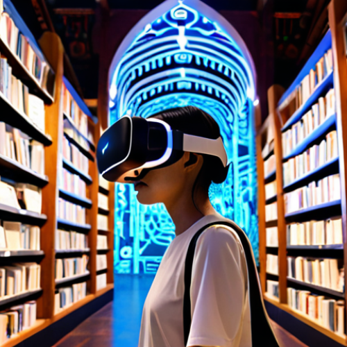 A young Thai person wearing a sleek, futuristic VR/AR headset, fully immersed in a holographic digital library. Around them, glowing abstract representations of books and data streams float in the air, symbolizing AI-powered recommendations. In the background, a dynamic, interactive 3D historical scene (e.g., an ancient Ayutthaya market or a traditional Thai festival) unfolds, illustrating immersive learning. The atmosphere is innovative, serene, and magical, emphasizing the limitless potential of virtual reality in education. --ar 16:9 --v