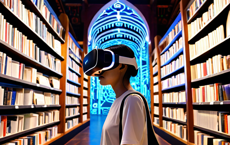A young Thai person wearing a sleek, futuristic VR/AR headset, fully immersed in a holographic digital library. Around them, glowing abstract representations of books and data streams float in the air, symbolizing AI-powered recommendations. In the background, a dynamic, interactive 3D historical scene (e.g., an ancient Ayutthaya market or a traditional Thai festival) unfolds, illustrating immersive learning. The atmosphere is innovative, serene, and magical, emphasizing the limitless potential of virtual reality in education. --ar 16:9 --v