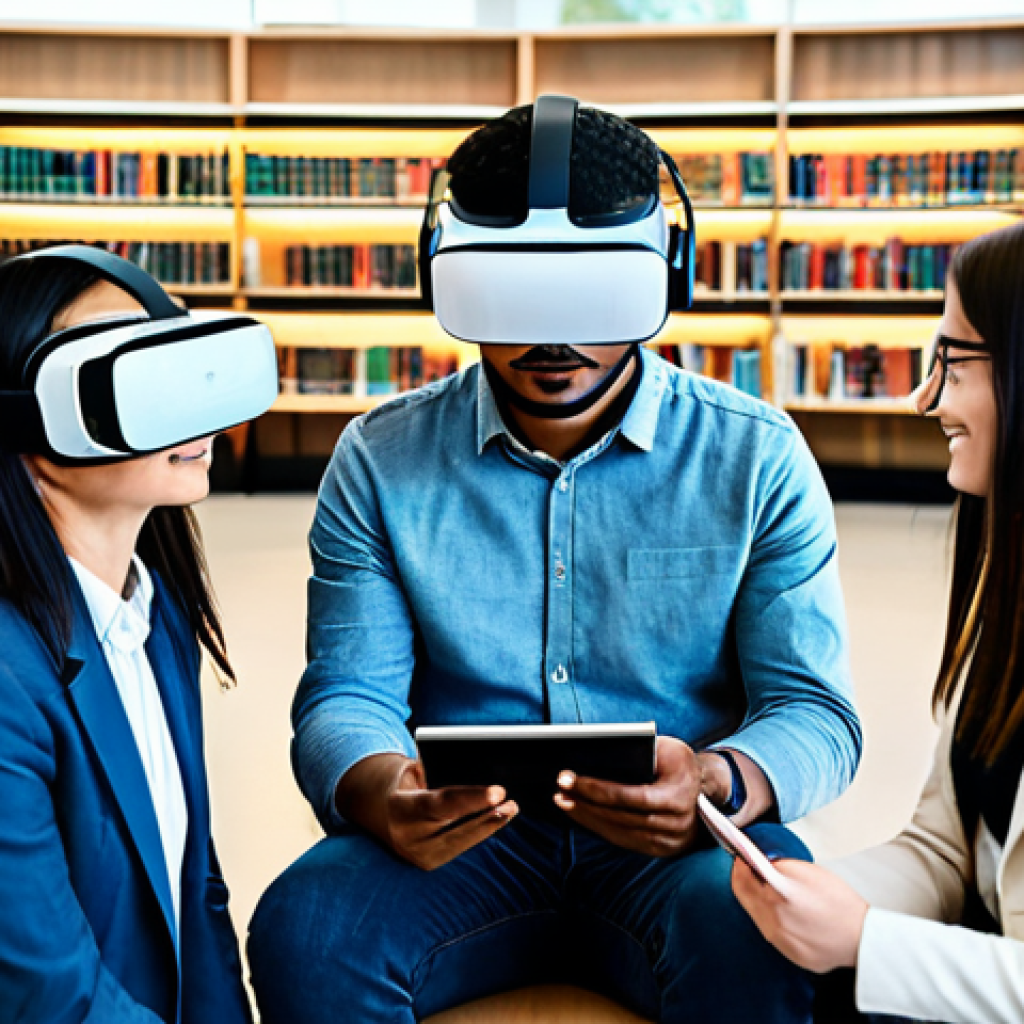 A diverse group of adults and students engaging with cutting-edge technology in a futuristic, brightly lit library. One person wears a sleek VR headset, immersed in a virtual learning environment. Another interacts with a large, transparent AI-powered touchscreen displaying personalized knowledge recommendations. A third individual is seated, comfortably reading an e-book on a tablet, with subtle AR elements enhancing the content. The library features clean architectural lines, comfortable seating, and abundant natural light. All subjects are fully clothed in professional, modest, and appropriate attire. perfect anatomy, correct proportions, natural pose, well-formed hands, proper finger count, natural body proportions, professional photography, high quality, safe for work, appropriate content, family-friendly.