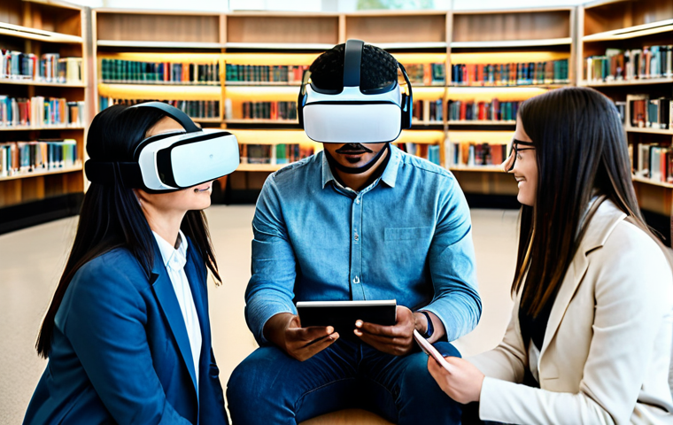 A diverse group of adults and students engaging with cutting-edge technology in a futuristic, brightly lit library. One person wears a sleek VR headset, immersed in a virtual learning environment. Another interacts with a large, transparent AI-powered touchscreen displaying personalized knowledge recommendations. A third individual is seated, comfortably reading an e-book on a tablet, with subtle AR elements enhancing the content. The library features clean architectural lines, comfortable seating, and abundant natural light. All subjects are fully clothed in professional, modest, and appropriate attire. perfect anatomy, correct proportions, natural pose, well-formed hands, proper finger count, natural body proportions, professional photography, high quality, safe for work, appropriate content, family-friendly.