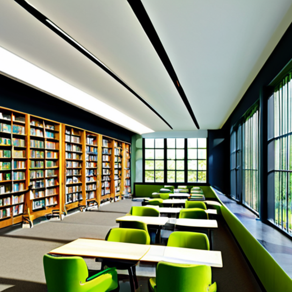 친환경 도서관 설계 트렌드 - **Image:** A bright, airy library interior with large windows showcasing lush greenery. Sunlight str...