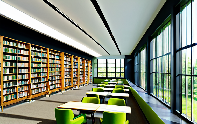 친환경 도서관 설계 트렌드 - **Image:** A bright, airy library interior with large windows showcasing lush greenery. Sunlight str...