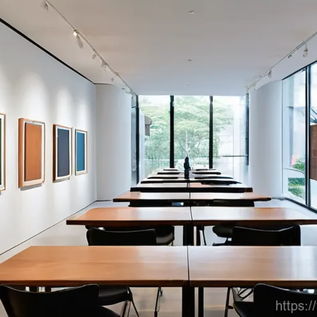 아트 갤러리 결합 도서관 - **Prompt:** A serene and modern art library in an urban setting, reminiscent of Bangkok's architectu...