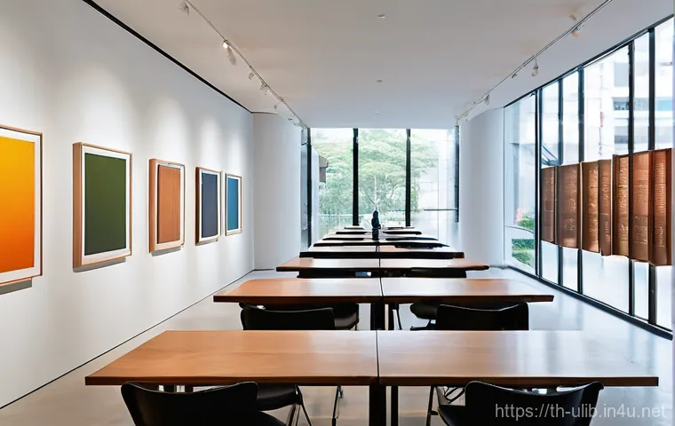 아트 갤러리 결합 도서관 - **Prompt:** A serene and modern art library in an urban setting, reminiscent of Bangkok's architectu...