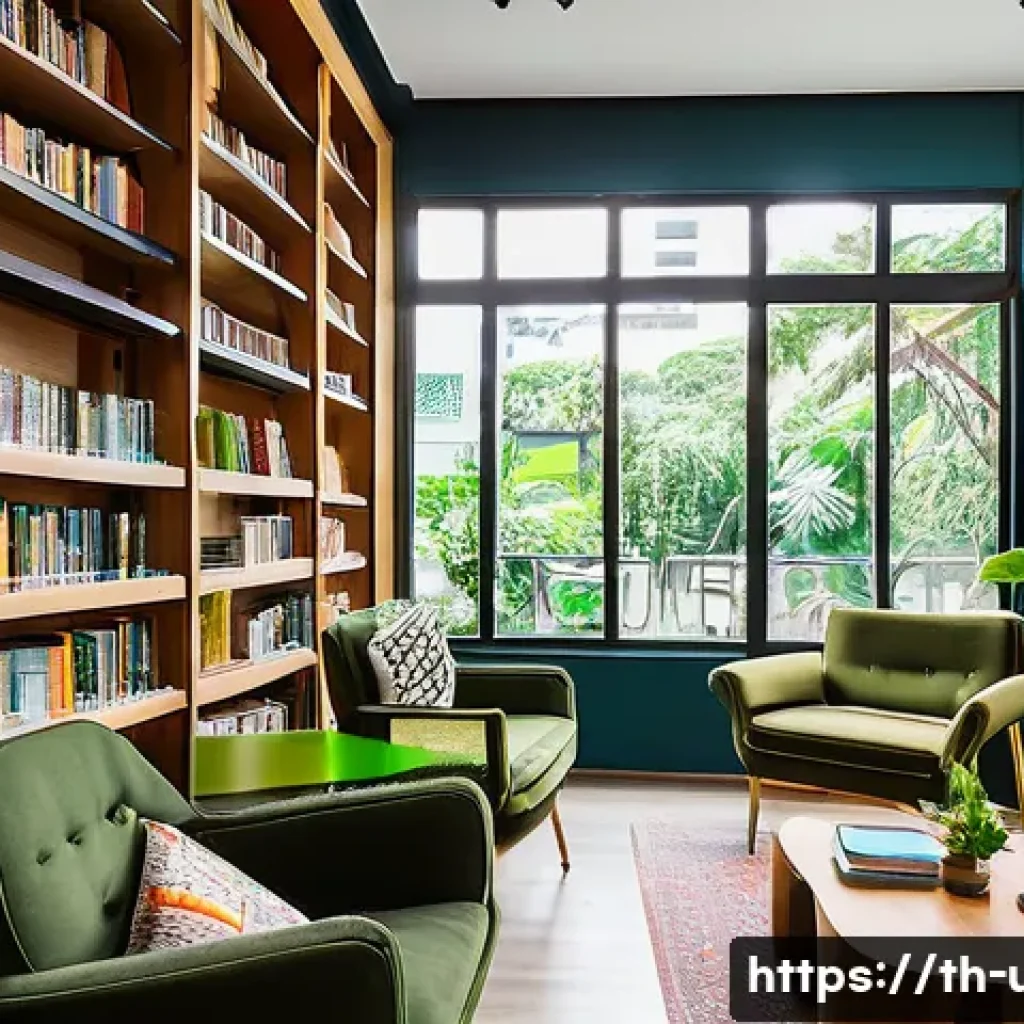 공유 서재 개념 도서관 - **Prompt 1: Modern Shared Library in Bangkok**
A vibrant and contemporary scene inside a shared ...