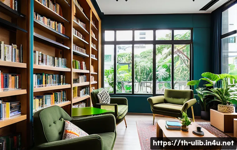 공유 서재 개념 도서관 - **Prompt 1: Modern Shared Library in Bangkok**
    A vibrant and contemporary scene inside a shared ...