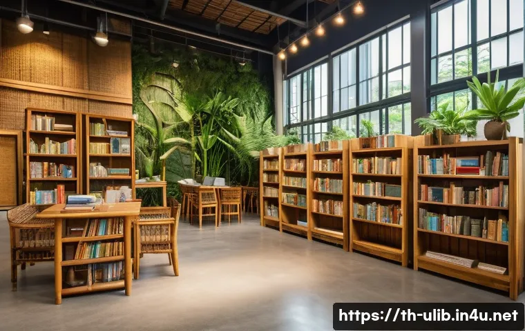 제로웨이스트 도서관 운영 - A cozy, eco-friendly public library interior in Bangkok featuring bamboo furniture and recycled pape...