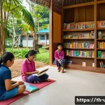 Home 19 책 기부 문화와 도서관 - A warm and inviting community library scene in a modern Thai village, featuring diverse people of al...