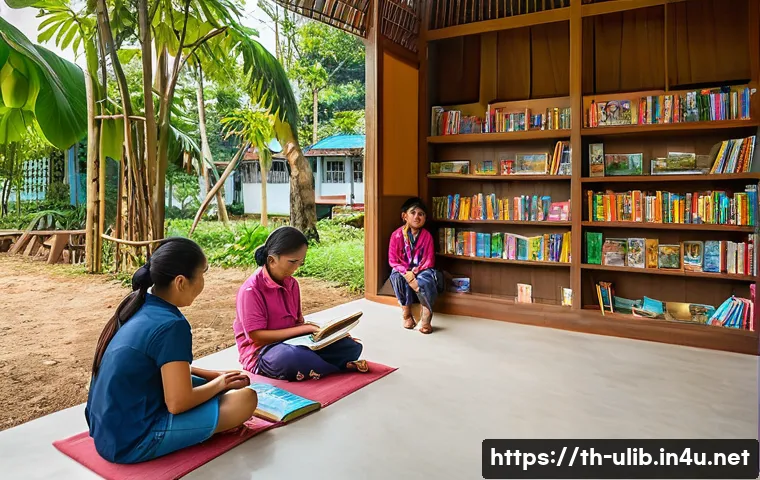 책 기부 문화와 도서관 - A warm and inviting community library scene in a modern Thai village, featuring diverse people of al...