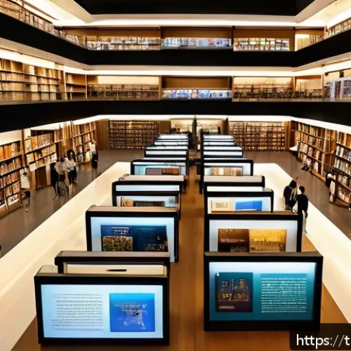 Home 30 도서관 빅데이터 분석 - A modern Thai public library interior bustling with diverse visitors using digital devices like tabl...