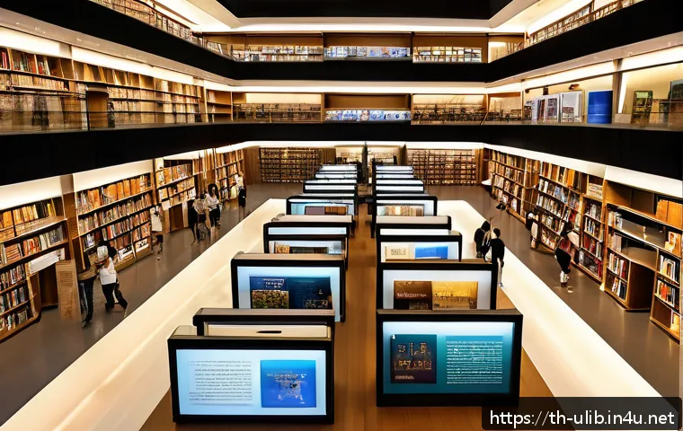 도서관 빅데이터 분석 - A modern Thai public library interior bustling with diverse visitors using digital devices like tabl...